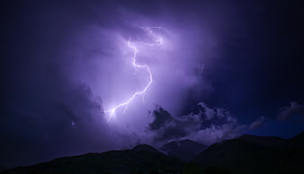 Dramatic Night Lightning Strike Over Dark Mountain Silhouettes