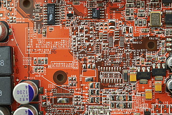 Close-up of Red Electronic Circuit Board with Microchips