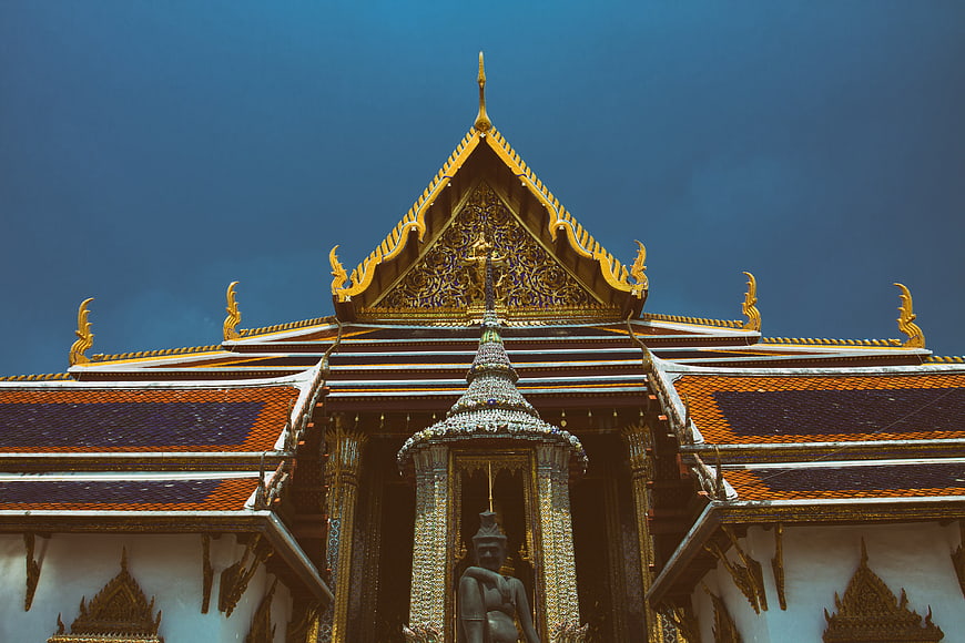 Golden Thai Temple Roof Architecture Against Blue Sky