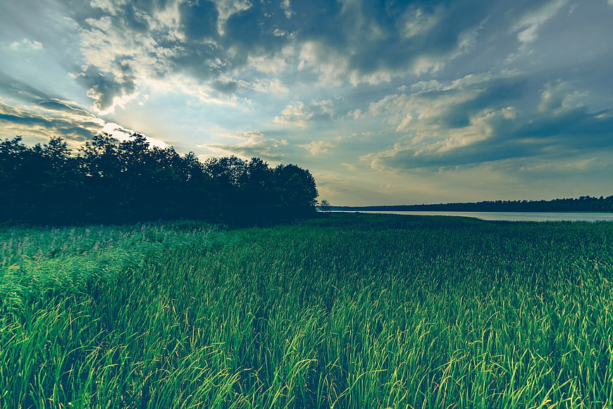 Dramatic Green Grass Field with Cloudy Sky and Lake