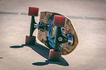 Colorful Skateboard Standing on Concrete Pavement