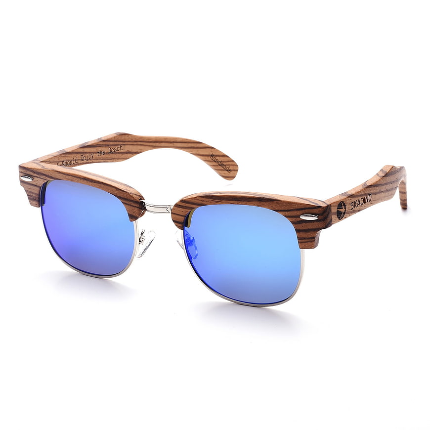 Wooden Clubmaster Sunglasses with Blue Mirrored Lenses
