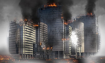 Apocalyptic burning skyscrapers with smoke and fire