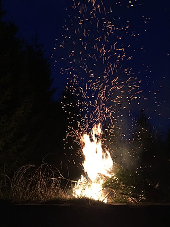 Bonfire with sparks flying into the night sky