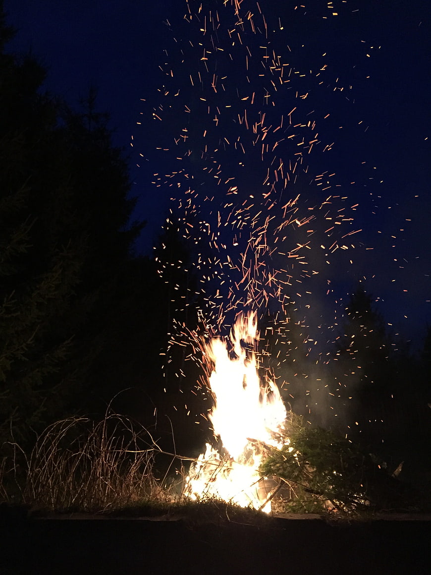 Bonfire with sparks flying into the night sky