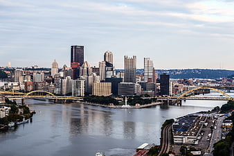 Pittsburgh Skyline with Yellow Bridges and River Confluence