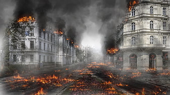 Apocalyptic City Street with Burning Buildings and Smoke
