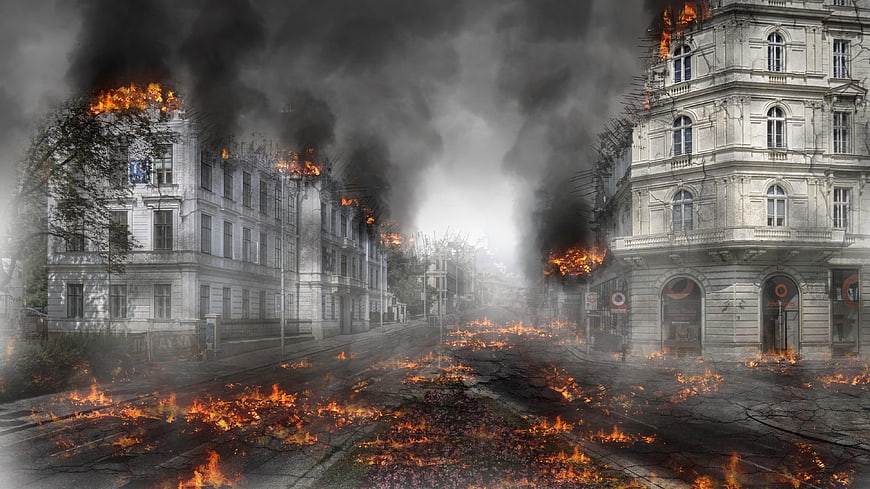Apocalyptic City Street with Burning Buildings and Smoke