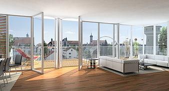Modern apartment interior with balcony and city view
