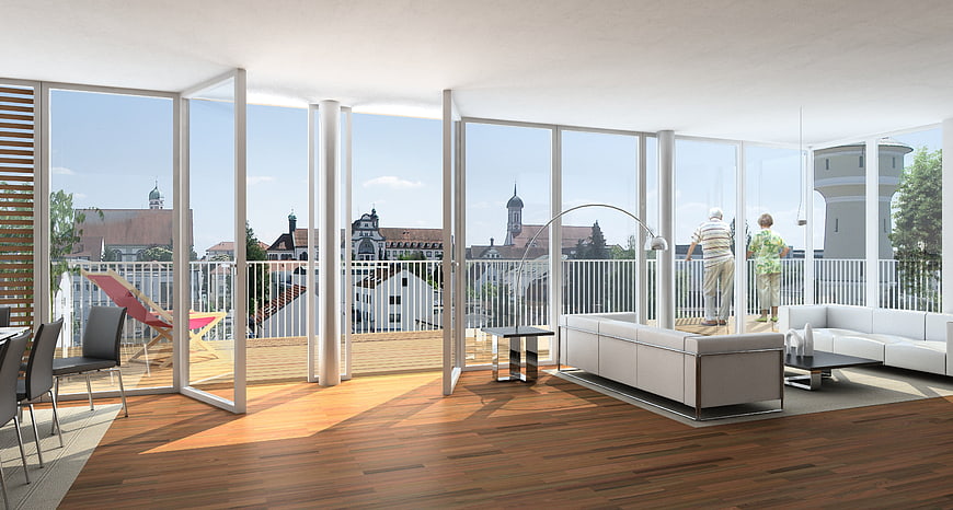 Modern apartment interior with balcony and city view
