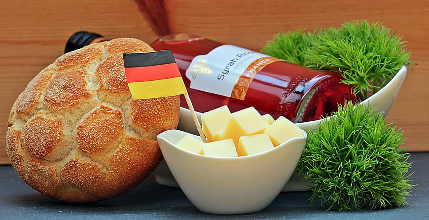 German Bread, Cheese, and Syrah Wine Still Life