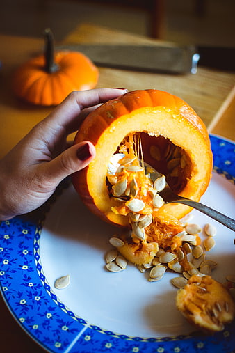 Hand Scooping Pumpkin Seeds for Halloween Carving