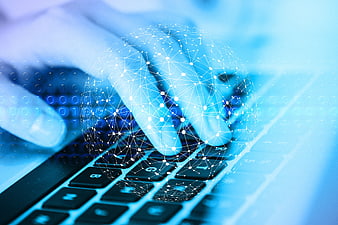 Hands Typing On Laptop With Digital Network Globe Overlay