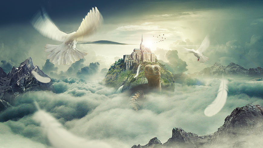 Fantasy castle on giant turtle back in clouds with white doves