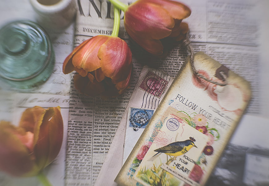 Vintage tulips and greeting card on newspaper background