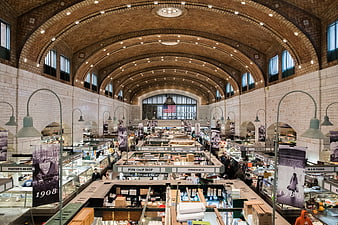 Interior of historic Grand Central Market with arched brick ceiling