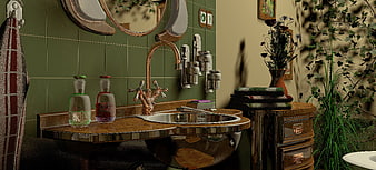 3D Render of Vintage Green Bathroom Interior with Copper Sink