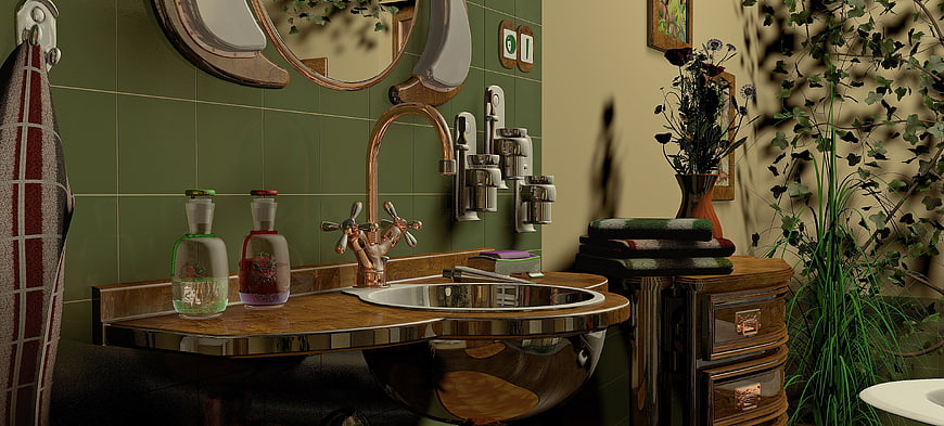 3D Render of Vintage Green Bathroom Interior with Copper Sink