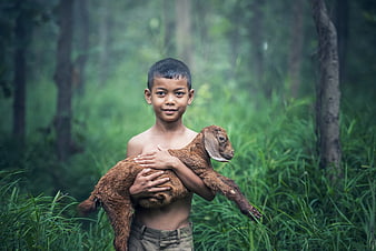 Young Boy Holding Brown Goat in Lush Green Forest