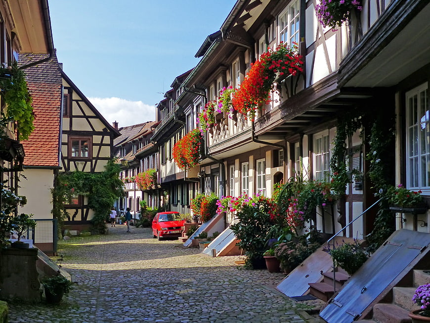 Charming cobblestone street in a traditional German half-timbered village