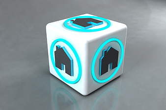 3D White Cube With Glowing Cyan Home Icons