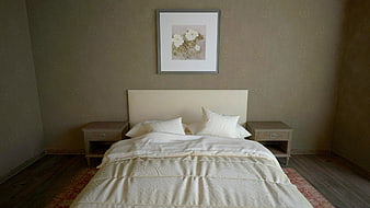 Cozy Bedroom Interior with White Bedding and Floral Art