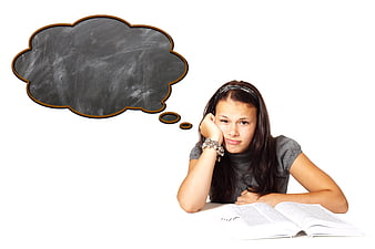 Bored Teenage Girl Studying with Empty Chalkboard Thought Bubble