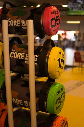 Colorful Core Bags on Gym Rack