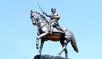 Bronze Equestrian Statue of Chhatrapati Shivaji Maharaj Against Blue Sky