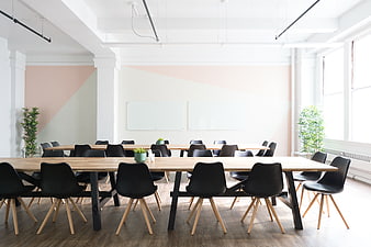 Modern bright office meeting room with wooden tables and black chairs
