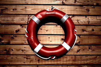 Red Lifebuoy Hanging on Wooden Wall Background