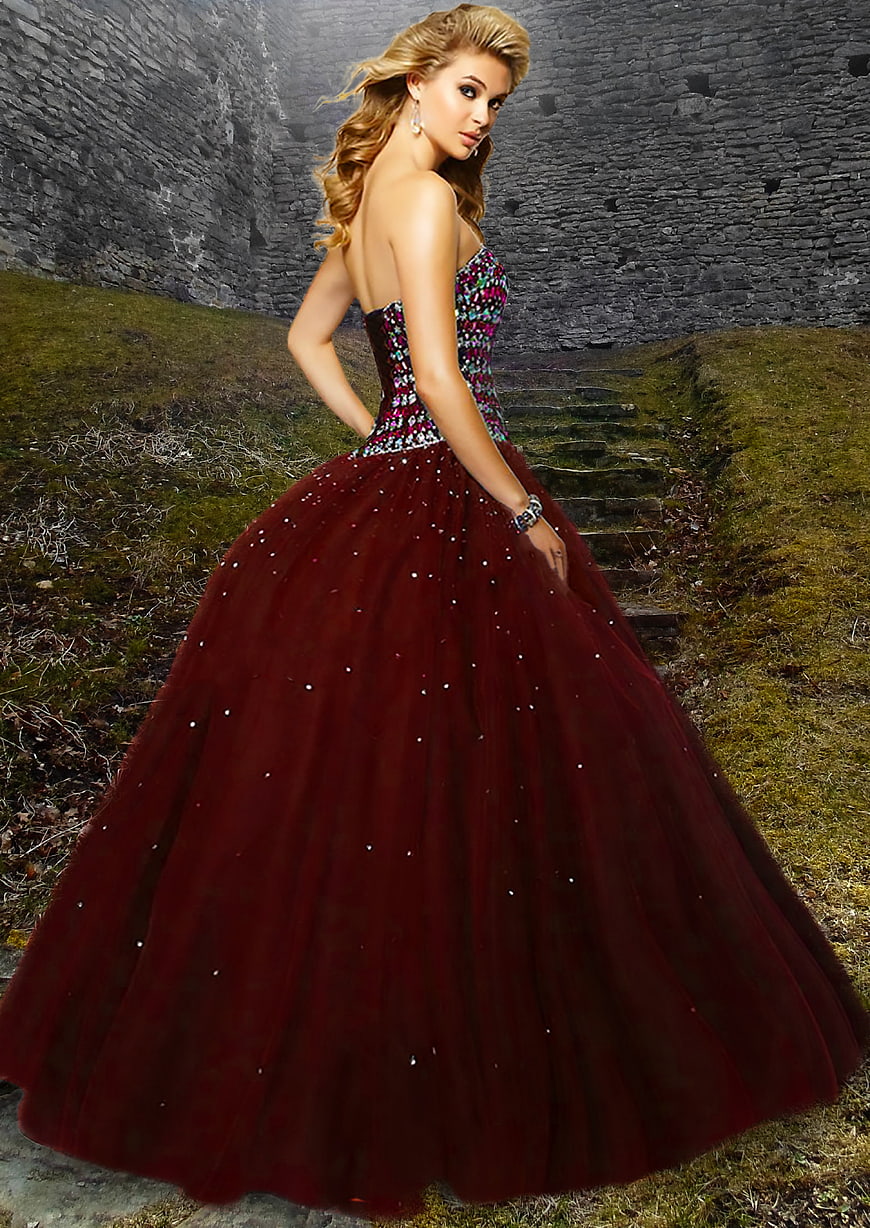 Blonde Woman in Burgundy Beaded Ball Gown