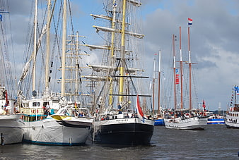 Fleet of historic sailing ships docked in harbor