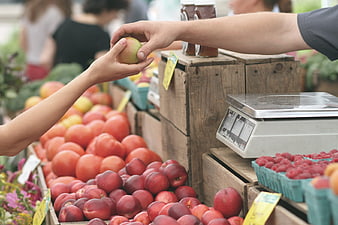 Hands exchanging apple at fresh fruit stand market