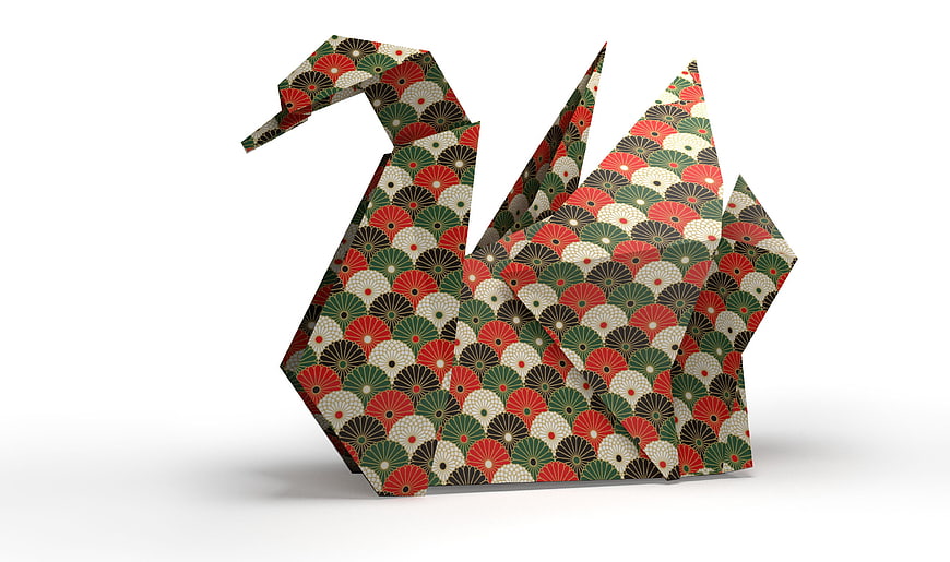 3D Origami Swan With Japanese Seigaiha Wave Pattern On White Background