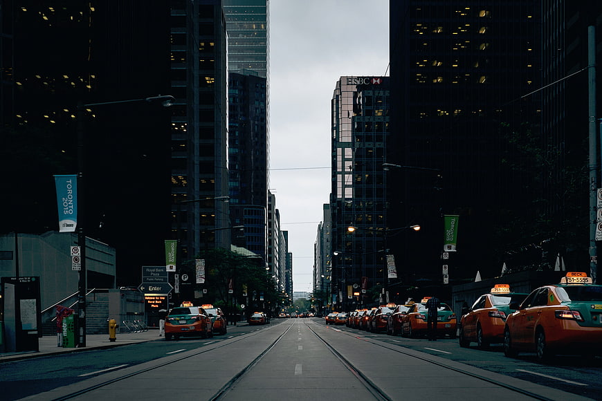 Toronto City Street with Taxis and Skyscrapers