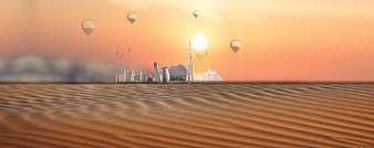 Panoramic desert landscape with futuristic city skyline and hot air balloons at sunset