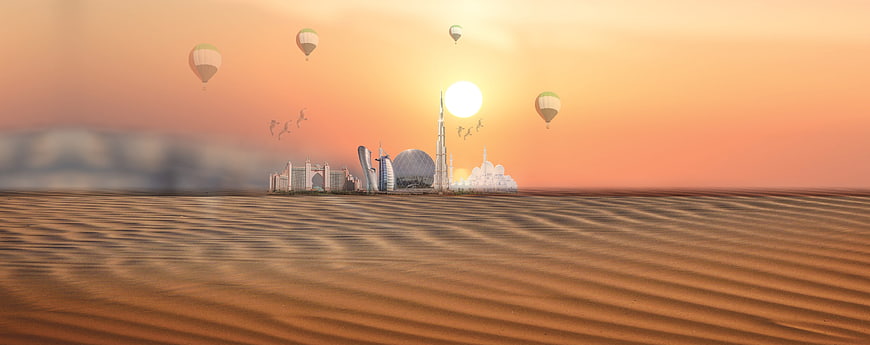 Panoramic desert landscape with futuristic city skyline and hot air balloons at sunset