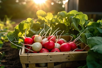 Freshly Harvested Red and White Radishes in Wooden Crate