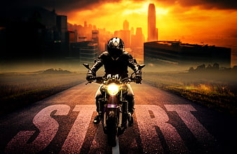 Motorcyclist on road with START text and city skyline background