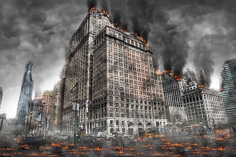 Apocalyptic cityscape with burning skyscrapers and smoke