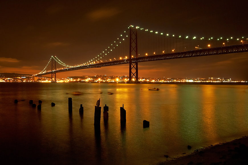 Night view of 25 de Abril Bridge in Lisbon with city lights