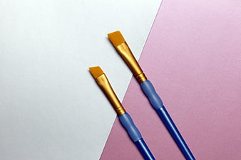 Two Blue Paintbrushes on Pink and White Background