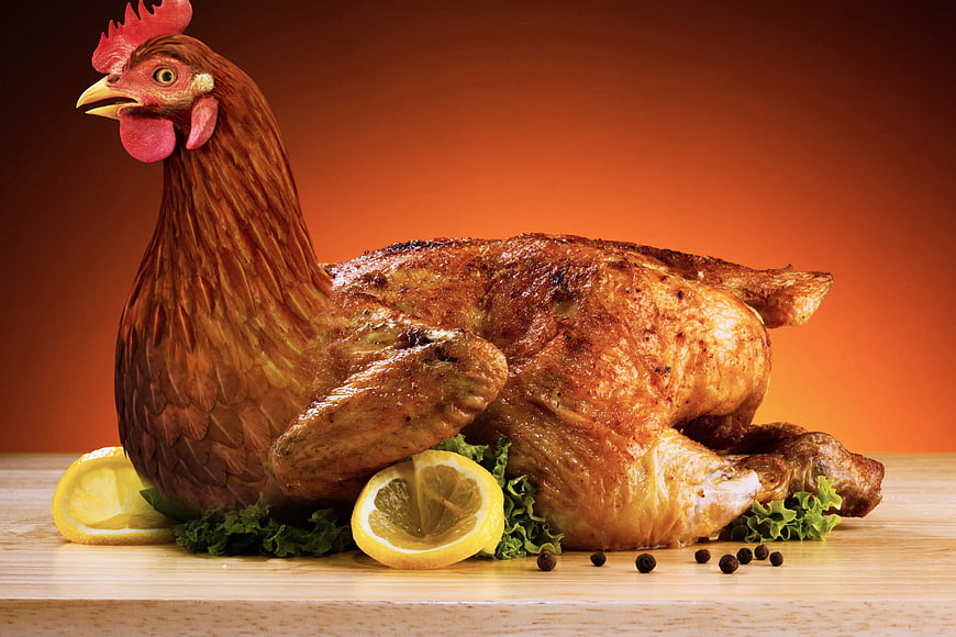 Surreal roasted chicken with live head and lemon garnish