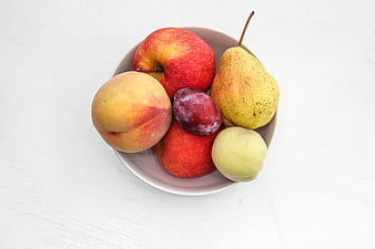 Top View of Fresh Fruit Bowl on White Background