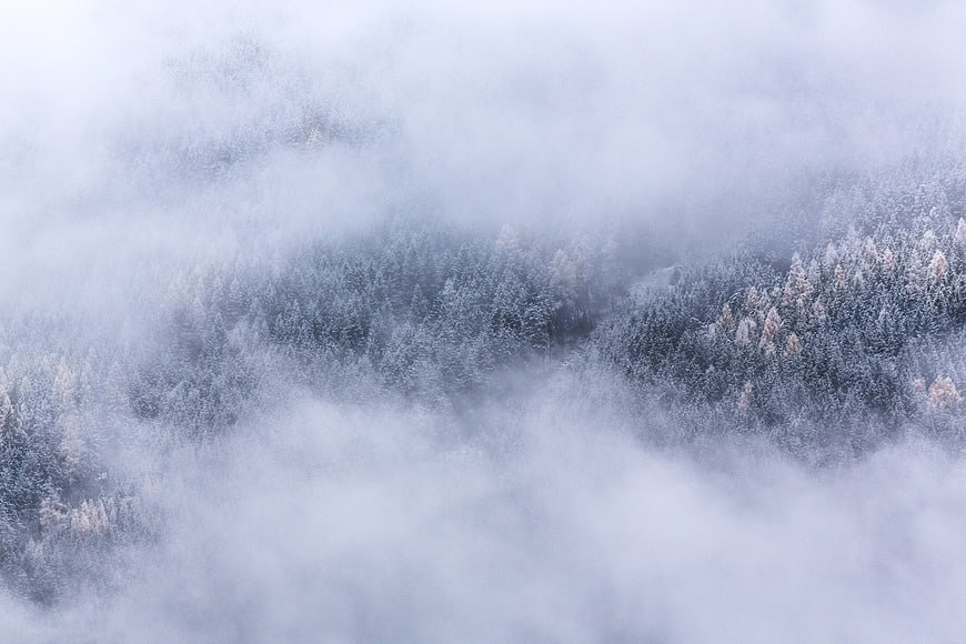 Aerial View of Snowy Forest Through Thick Winter Fog
