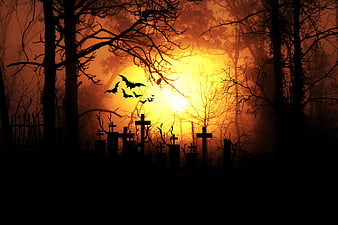 Spooky Halloween Graveyard Silhouette with Bats and Orange Moon