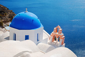 Santorini Blue Dome Church With Bell Tower And Aegean Sea View