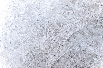Close-up of intricate frost patterns on frozen ice surface
