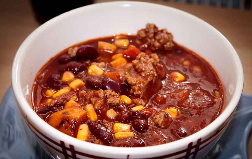 Close-up of Hearty Chili Con Carne in White Bowl